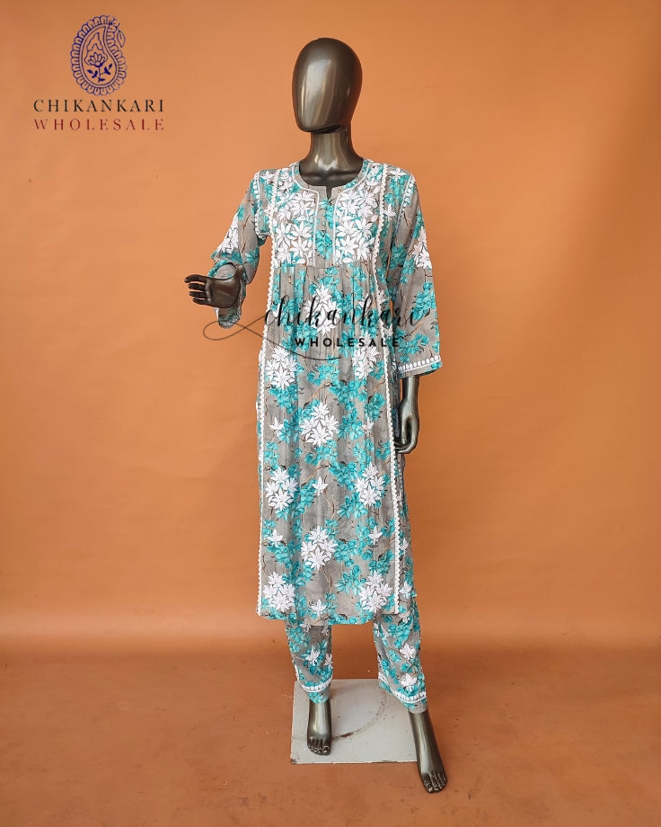 Mulmul Cotton Chikankari Kurti Palazzo Set