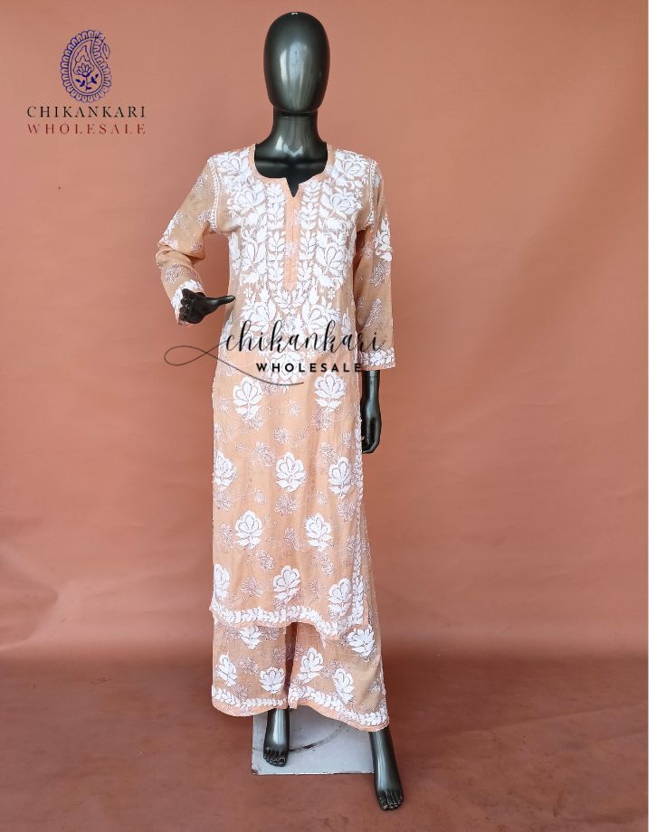 Mulmul Cotton Chikankari Kurti Palazzo Set