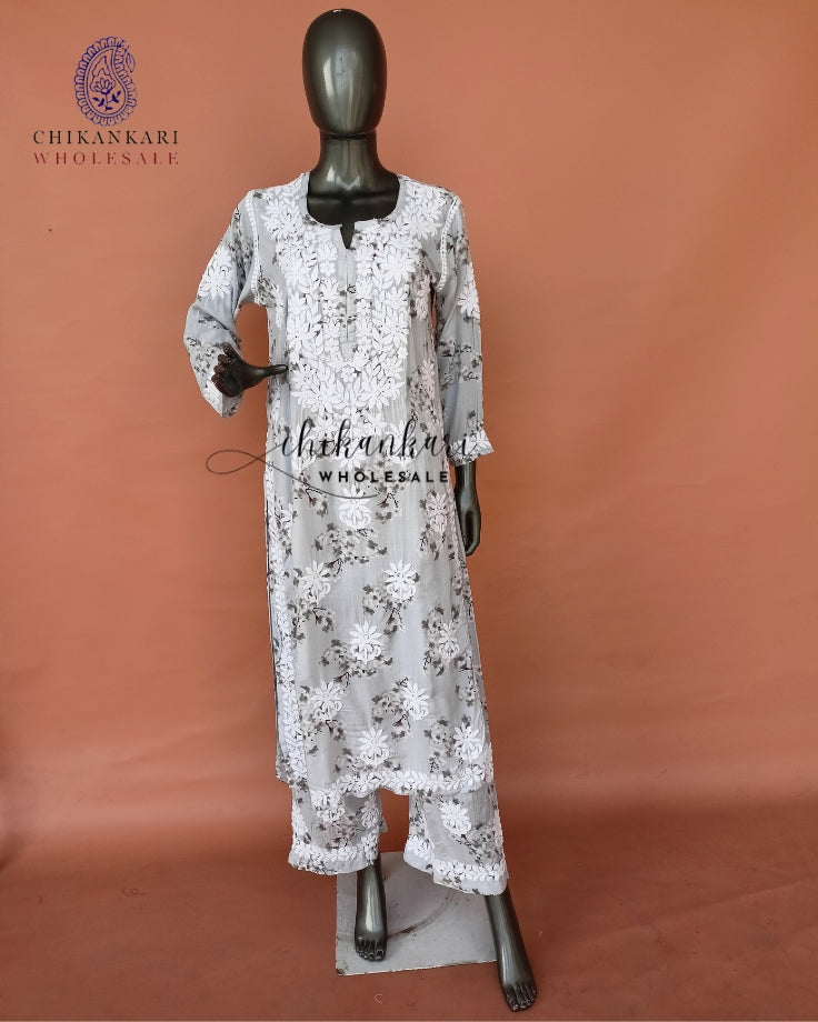 Mulmul Chikankari Kurti Hand Embroidery Palazzo Set