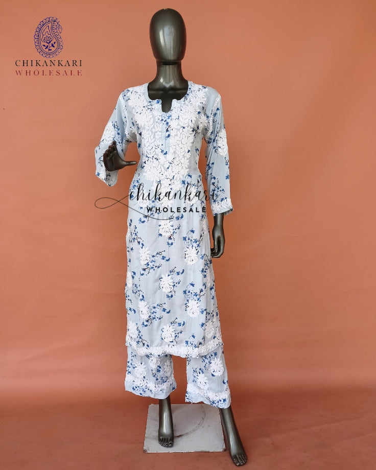 Mulmul Chikankari Kurti Hand Embroidery Palazzo Set