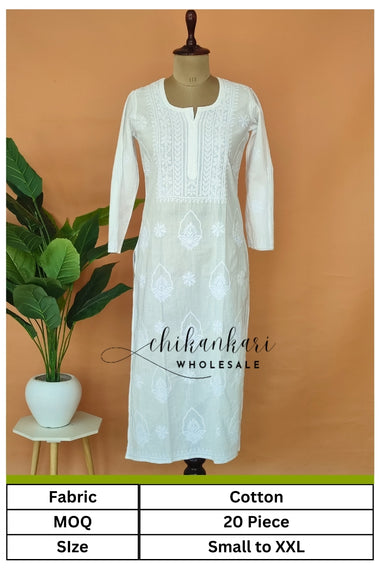 Cotton Hand Embroidery Chikankari White Straight Kurti