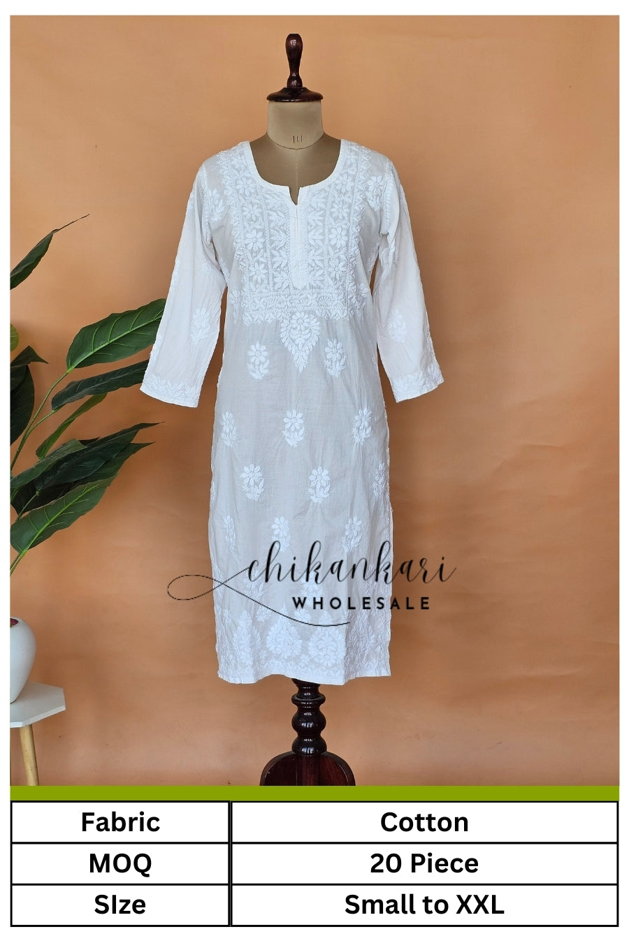 Cotton Hand Embroidery Chikankari White Straight Kurti