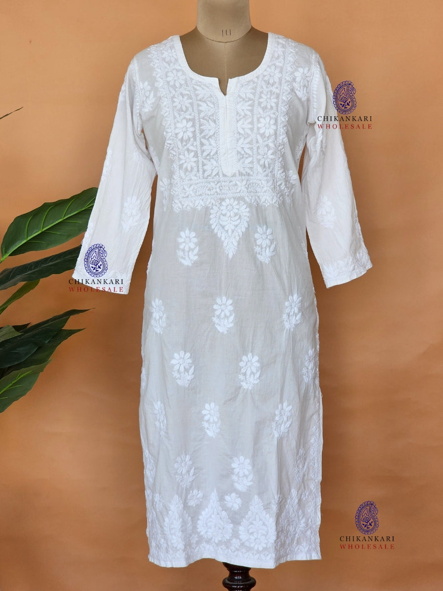 Cotton Hand Embroidery Chikankari White Straight Kurti