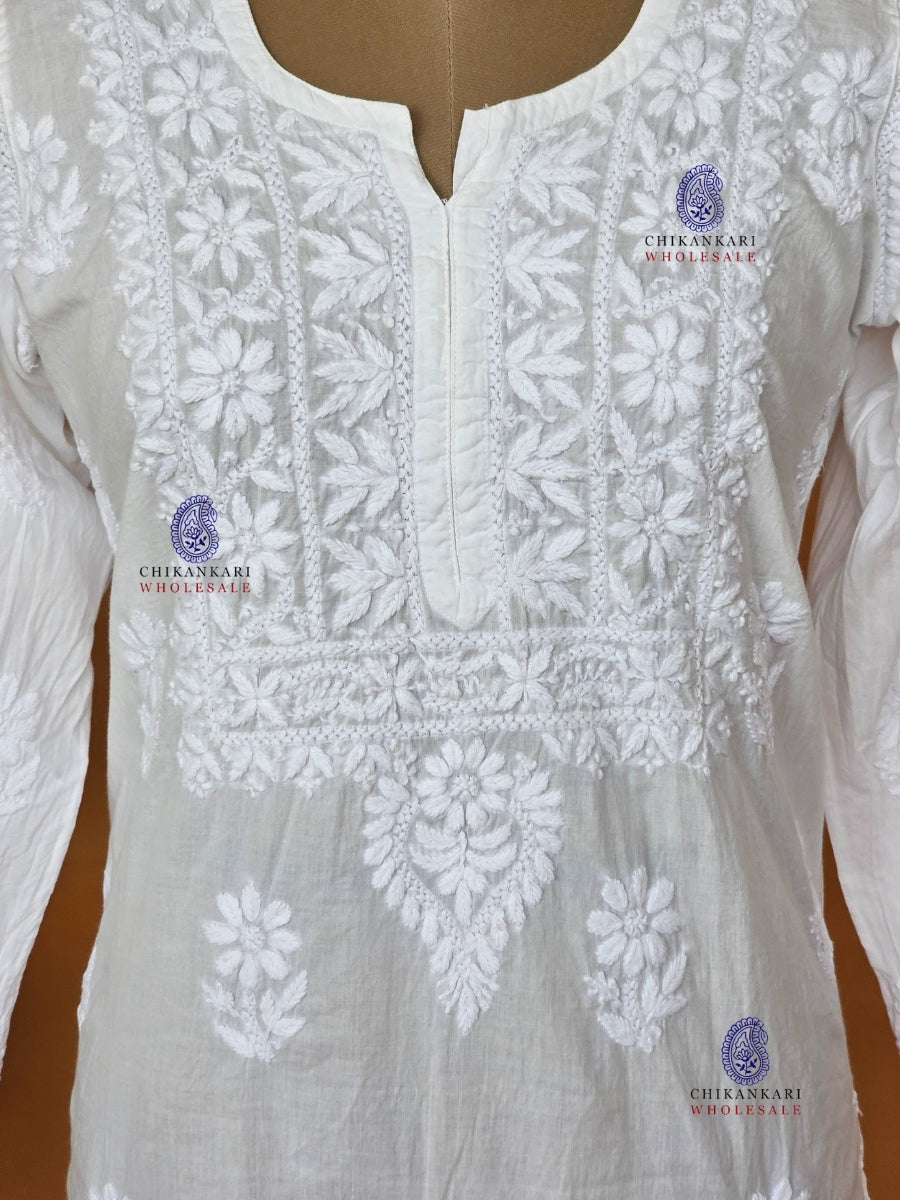 Cotton Hand Embroidery Chikankari White Straight Kurti