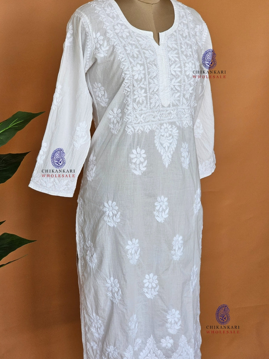 Cotton Hand Embroidery Chikankari White Straight Kurti