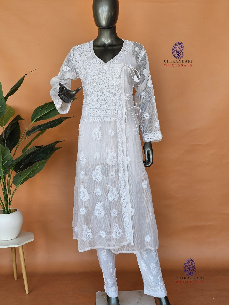 Kota Cotton Hand Embroidery Chikankari White Angarkha