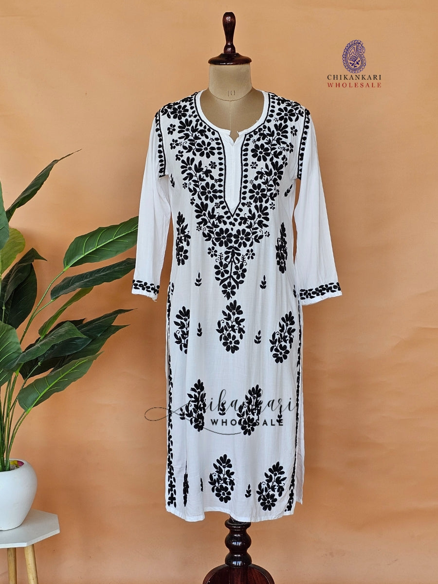 Modal Hand Embroidery Chikankari White Straight Kurti