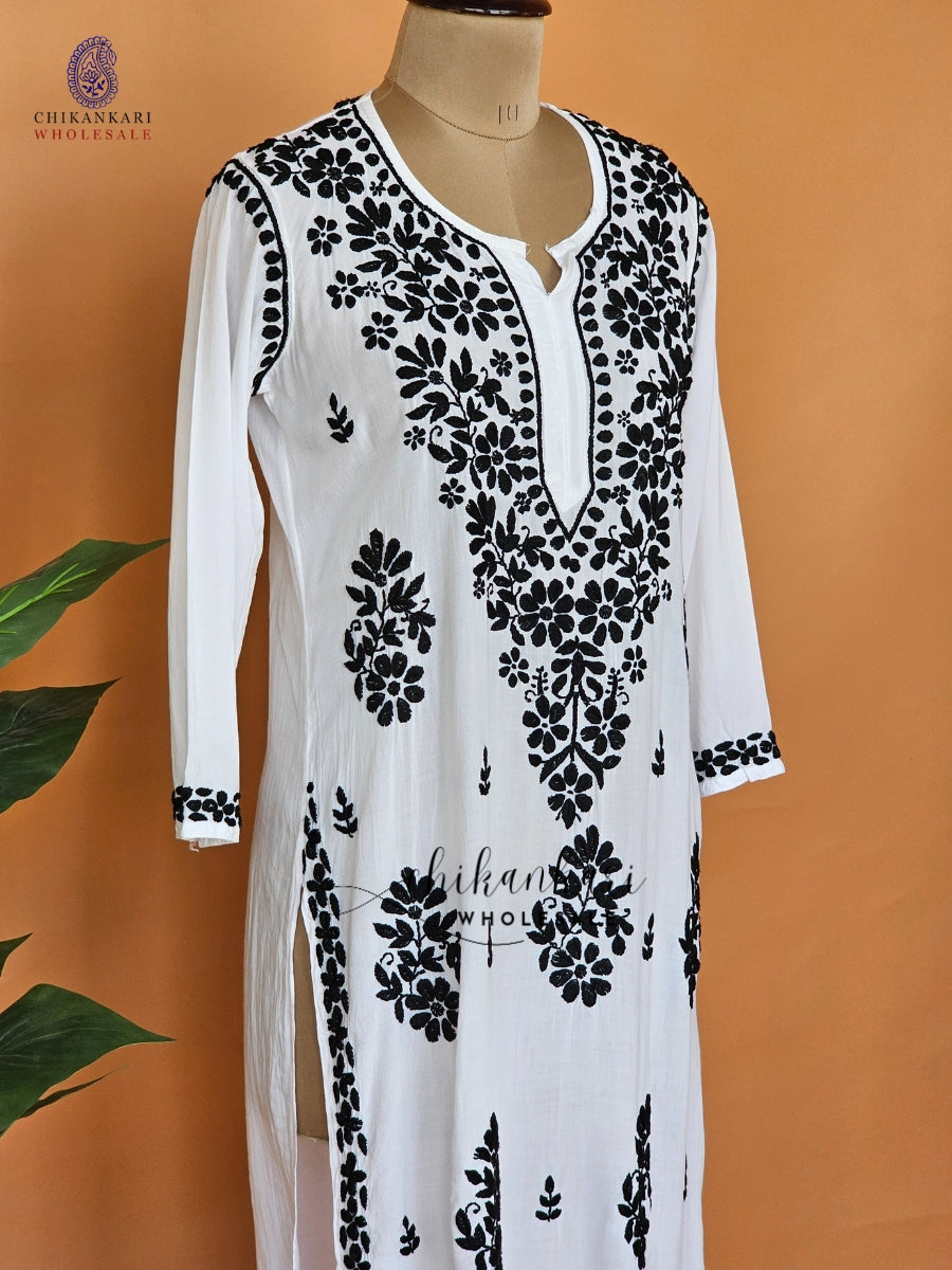 Modal Hand Embroidery Chikankari White Straight Kurti