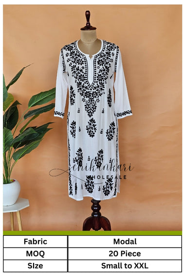 Modal Hand Embroidery Chikankari White Straight Kurti