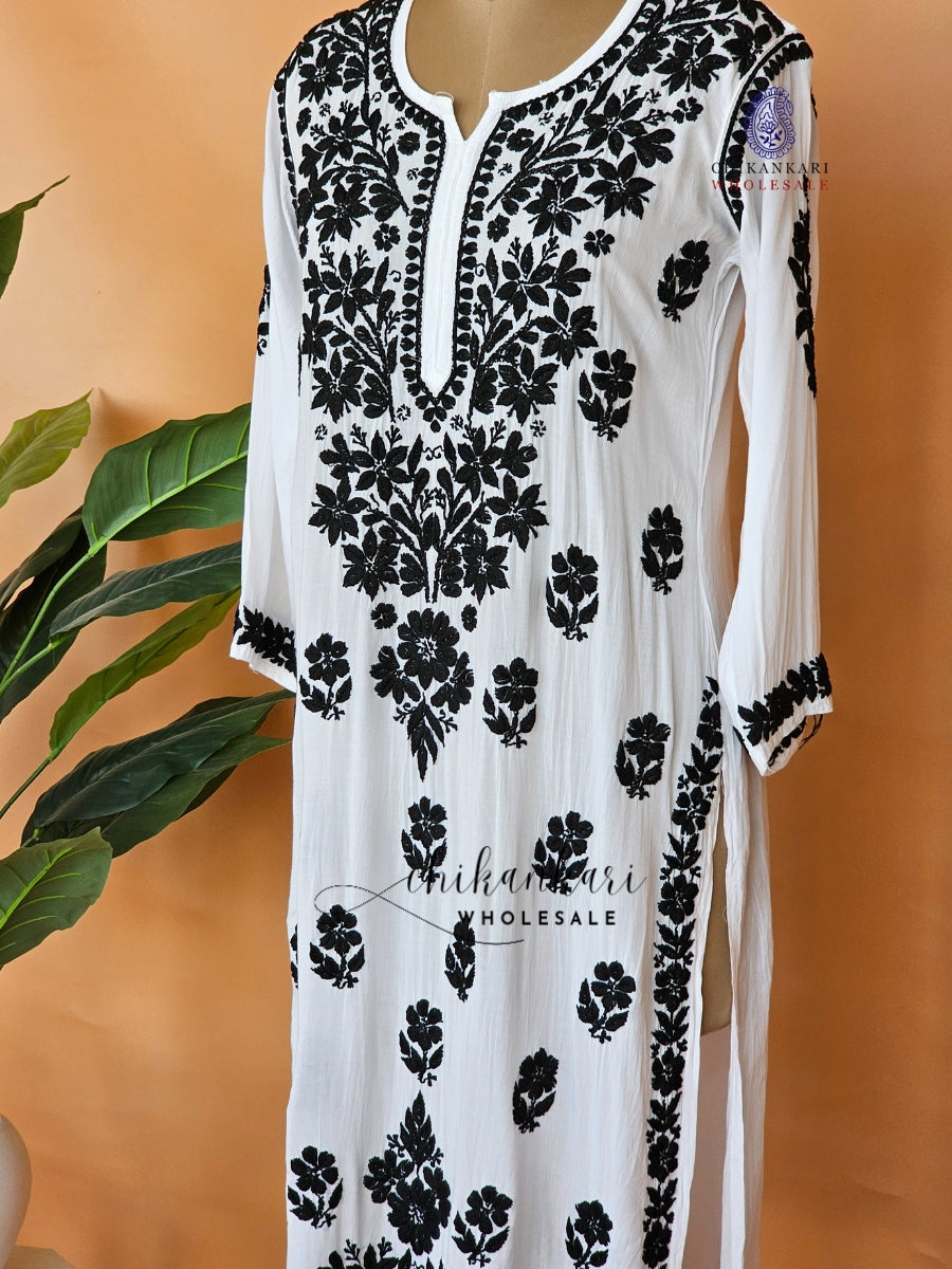 Modal Hand Embroidery Chikankari White Straight Kurti