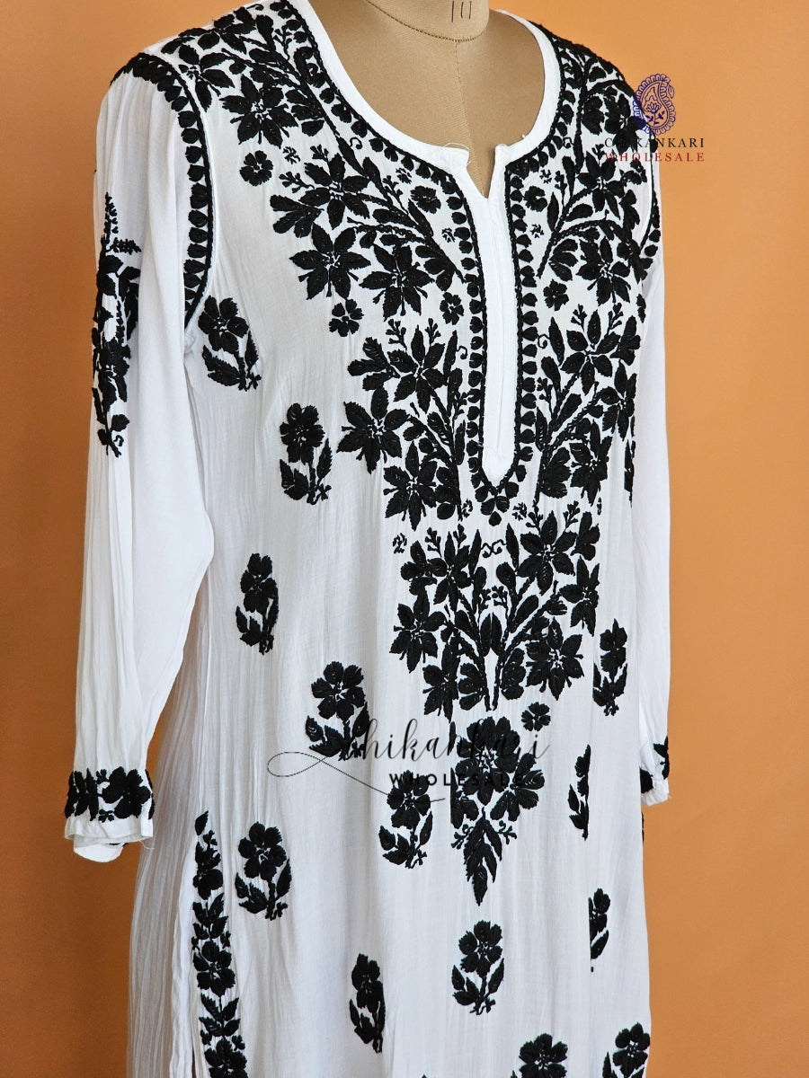 Modal Hand Embroidery Chikankari White Straight Kurti