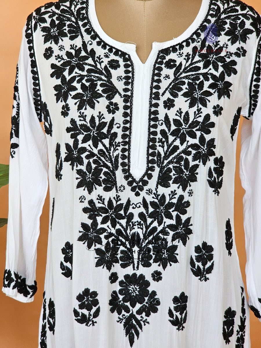 Modal Hand Embroidery Chikankari White Straight Kurti