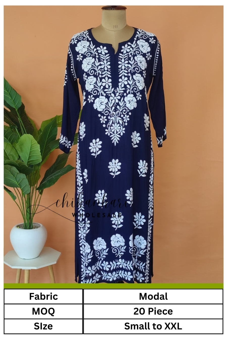 Modal Hand Embroidery Chikankari Straight Kurti