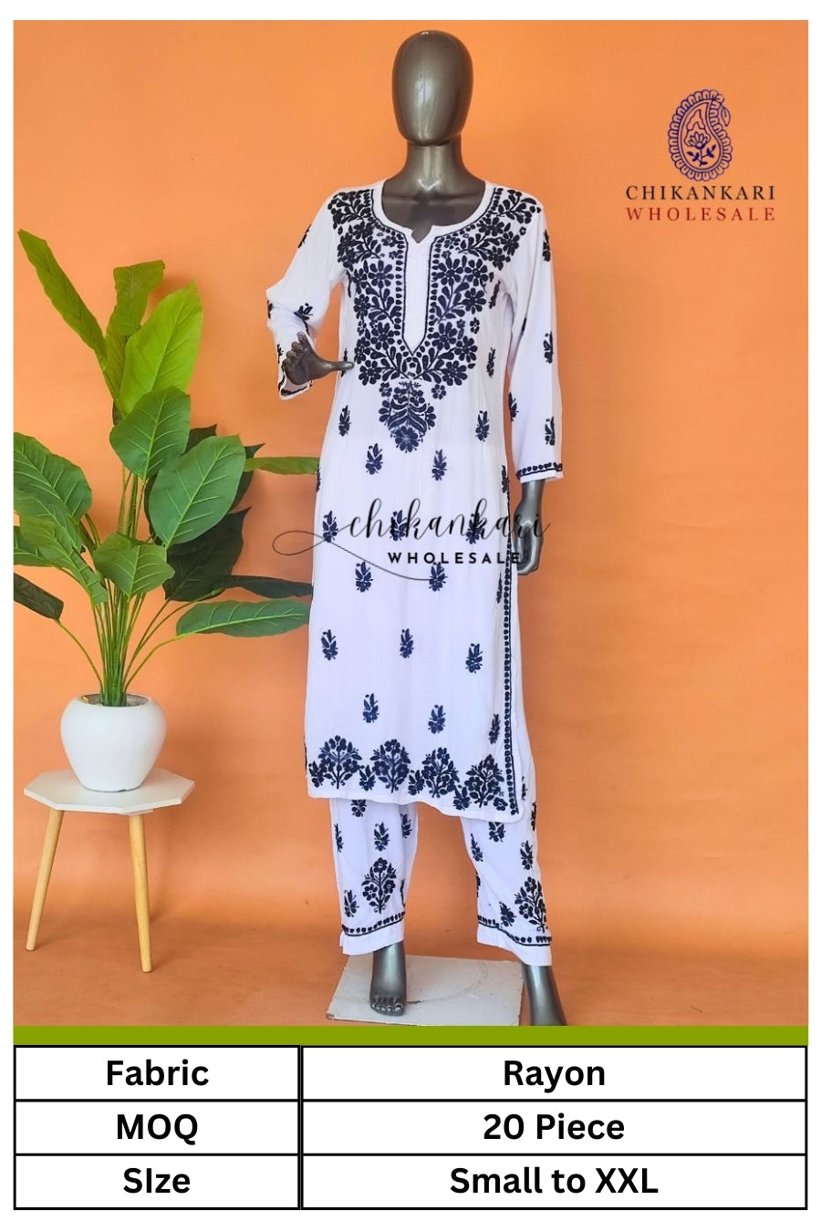 White Rayon Chikankari Straight Kurti Set in Wholesale