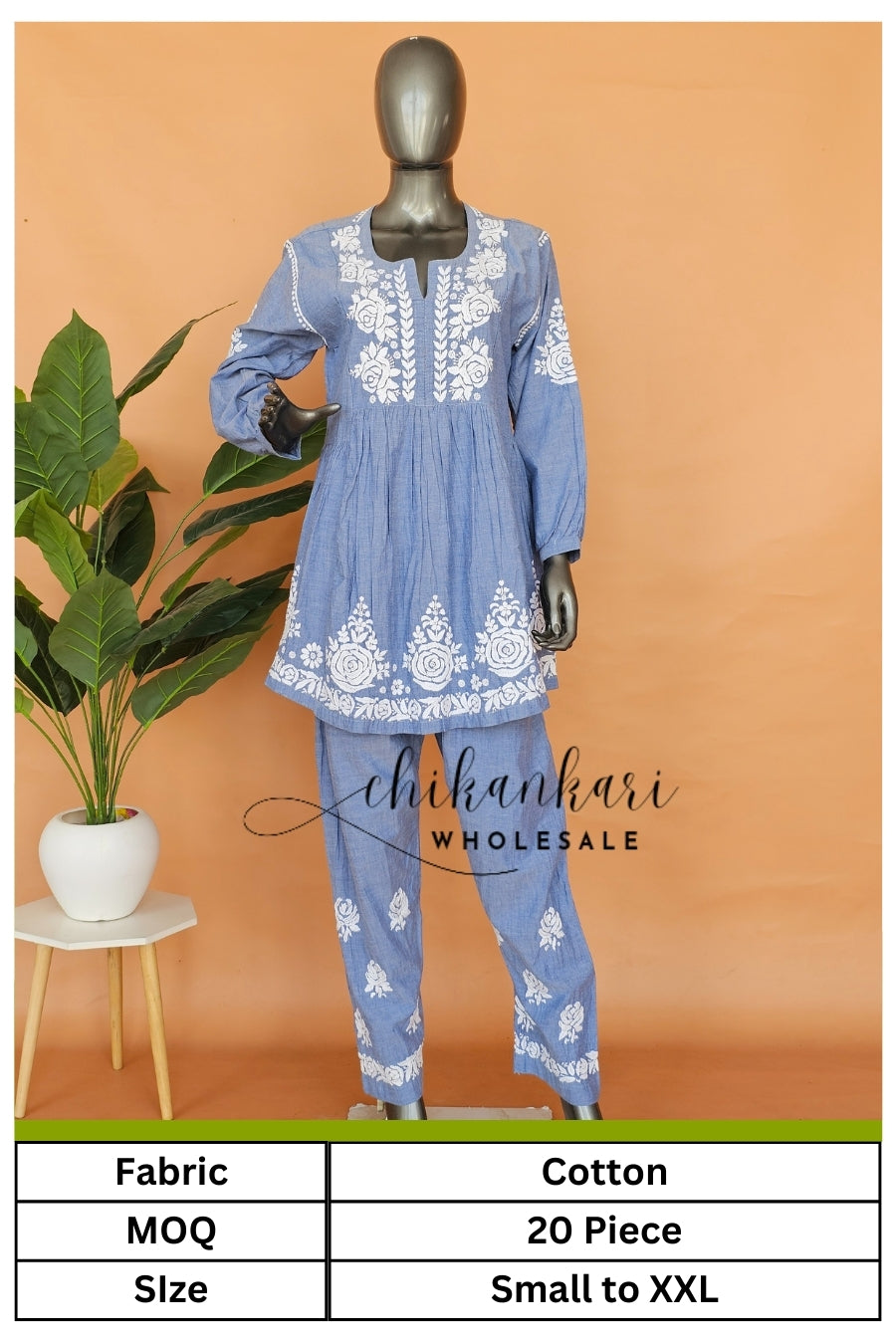 Cotton Hand Embroidery Chikankari Co-ord Set