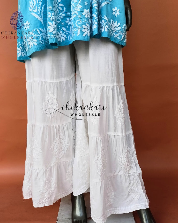 WHITE MODAL THREE LAYER CHIKANKARI GARARA