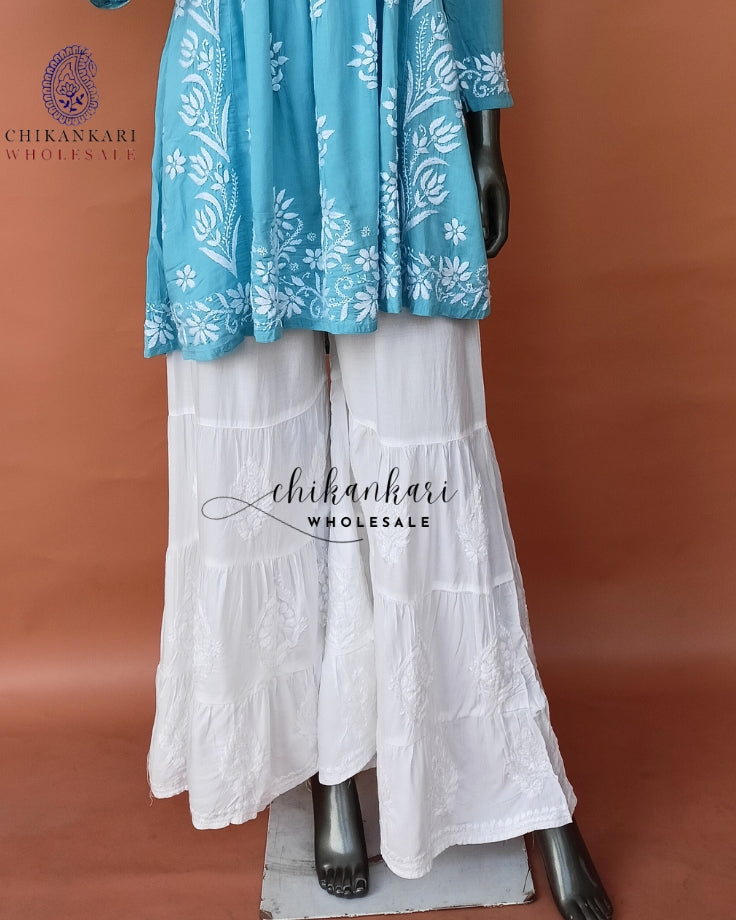 WHITE MODAL THREE LAYER CHIKANKARI GARARA