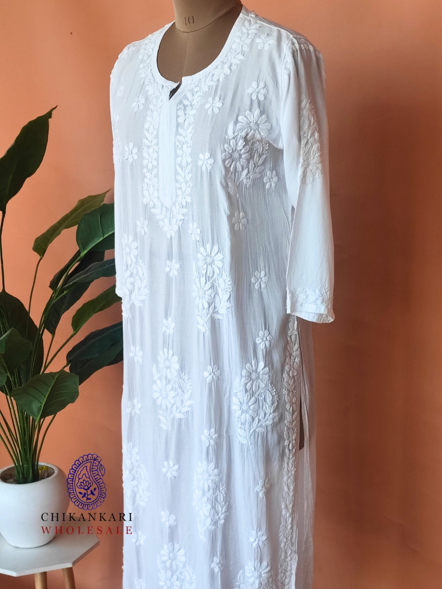 Modal Hand Embroidery White Chikankari Straight Kurti