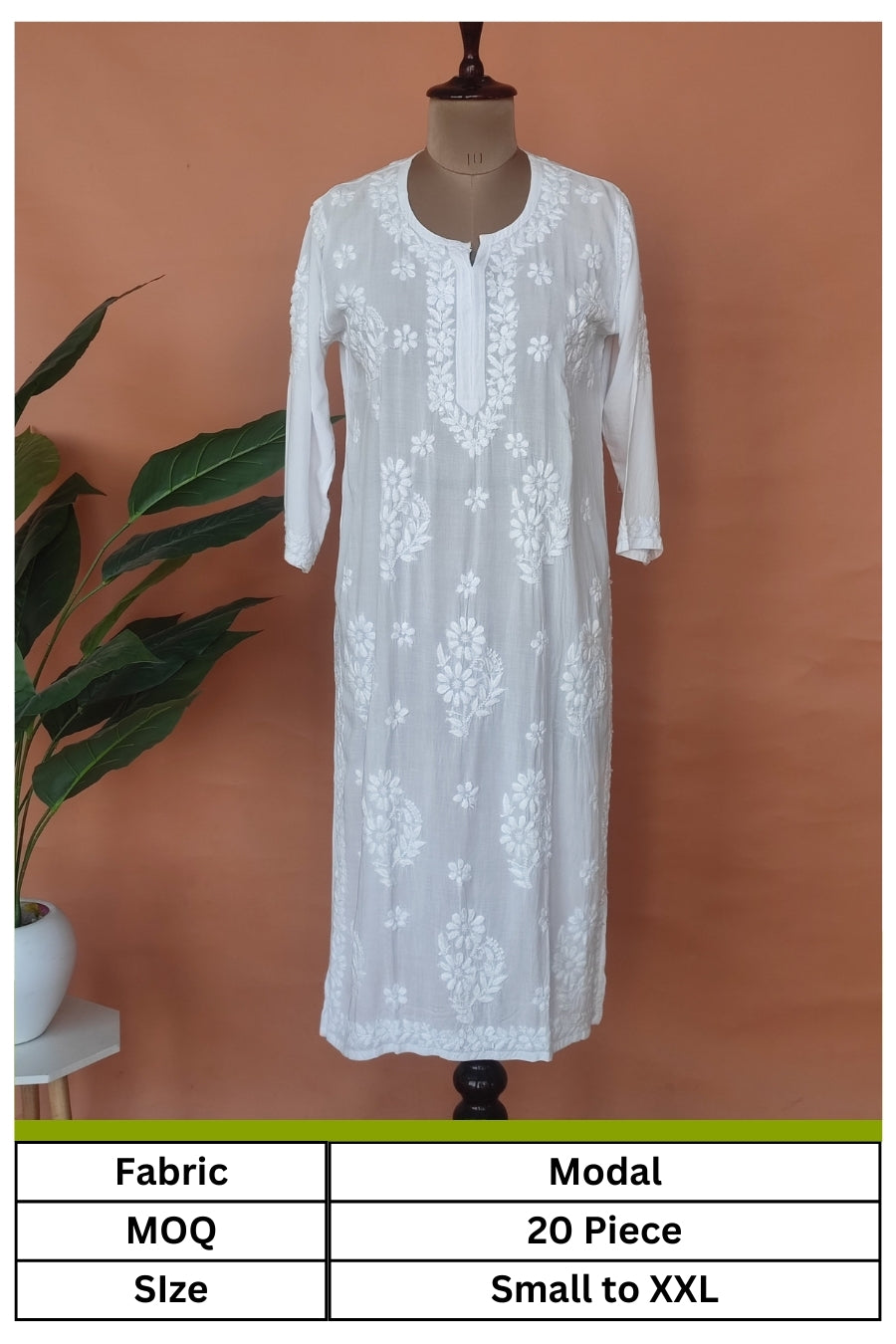 Modal Hand Embroidery White Chikankari Straight Kurti