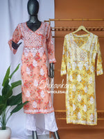 Mulmul Printed Angarkha Chikankari Straight Kurti