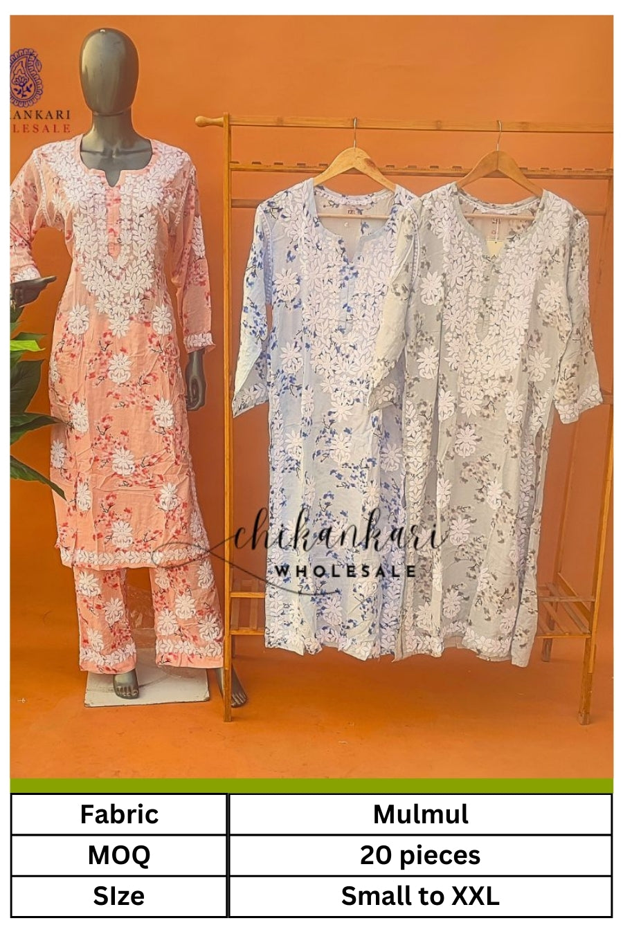 Mulmul Chikankari Kurti Hand Embroidery Palazzo Set