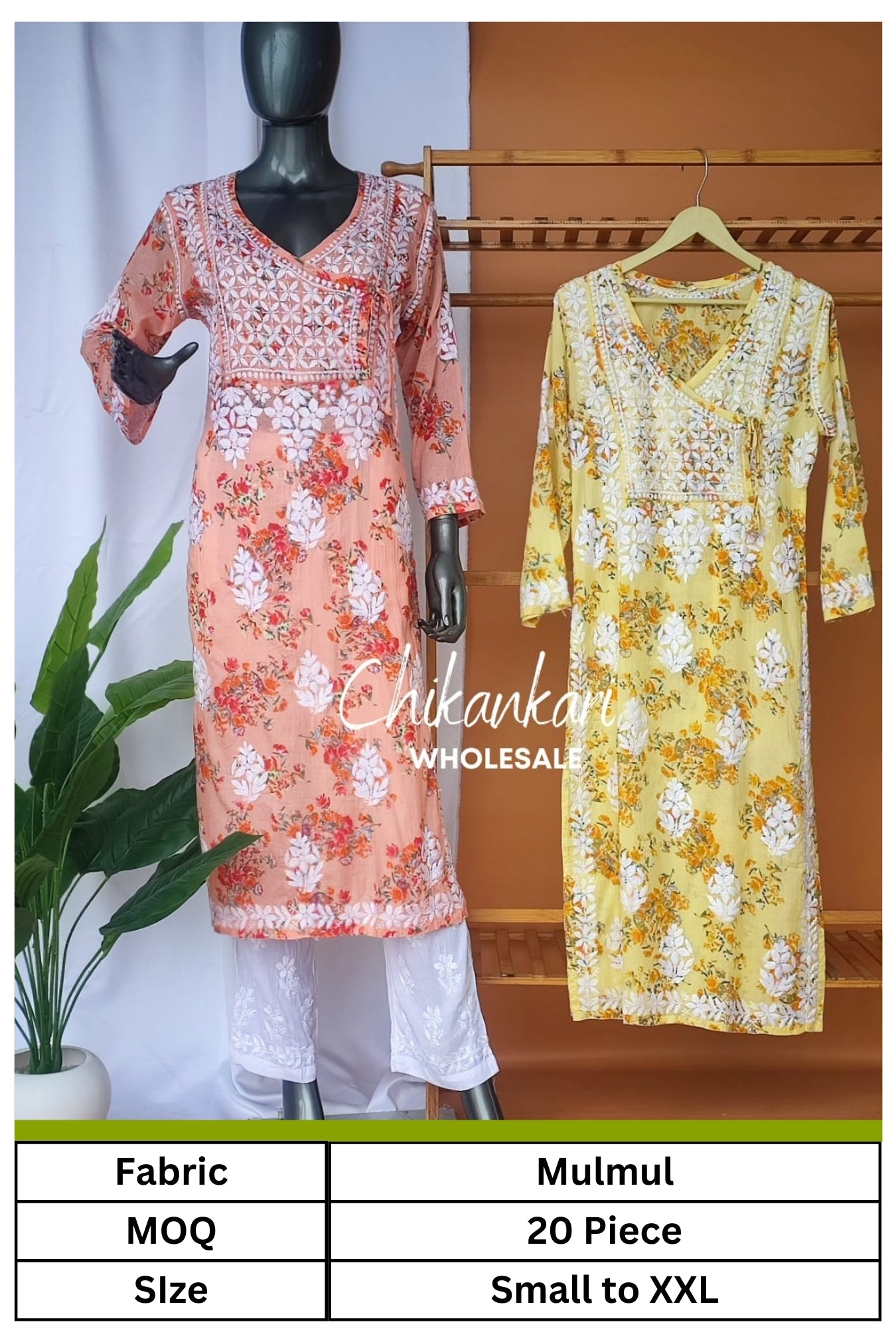 Mulmul Printed Angarkha Chikankari Straight Kurti