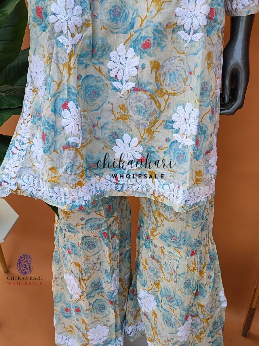 MULMUL COTTON PRINTED CHIKANKARI KURTI GARARA SET