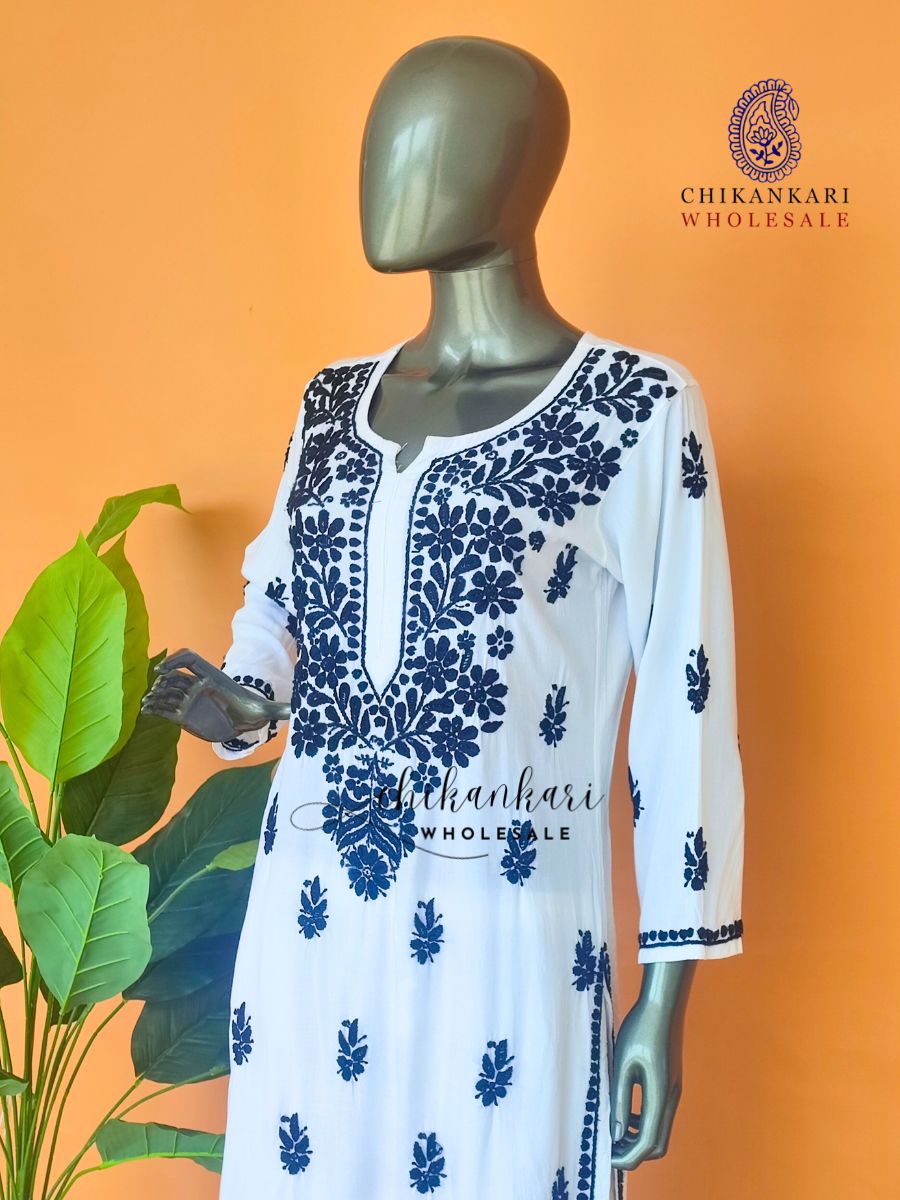 White Rayon Chikankari Straight Kurti Set in Wholesale