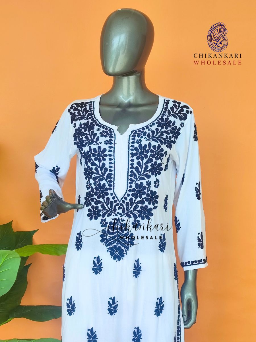 White Rayon Chikankari Straight Kurti Set in Wholesale