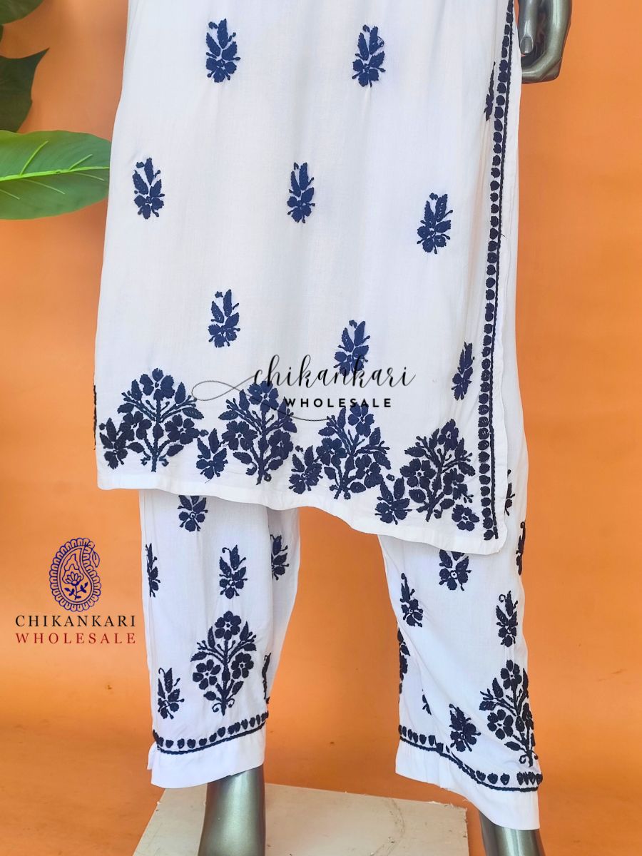 White Rayon Chikankari Straight Kurti Set in Wholesale