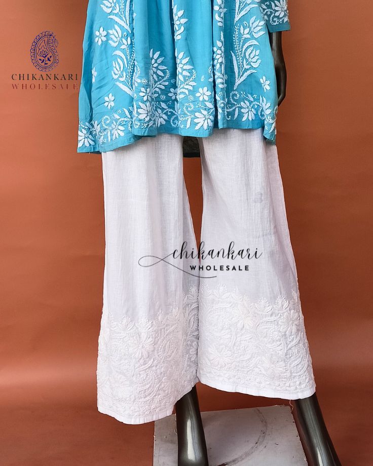 WHITE COTTON CHIKANKARI STRAIGHT PALAZZO