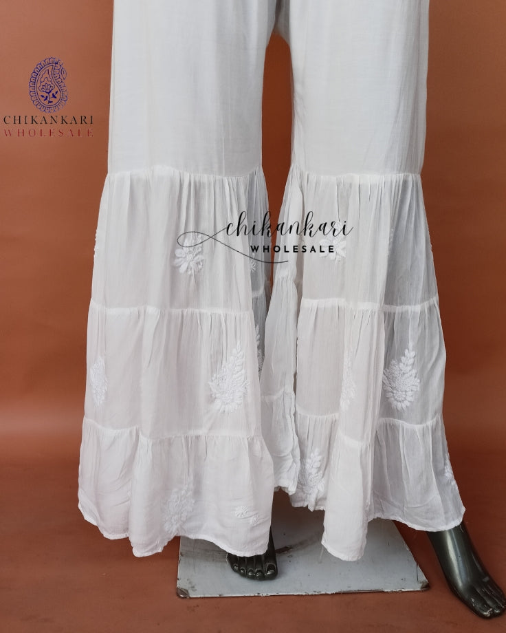 WHITE  MUSLIN THREE LAYER CHIKANKARI GARARA