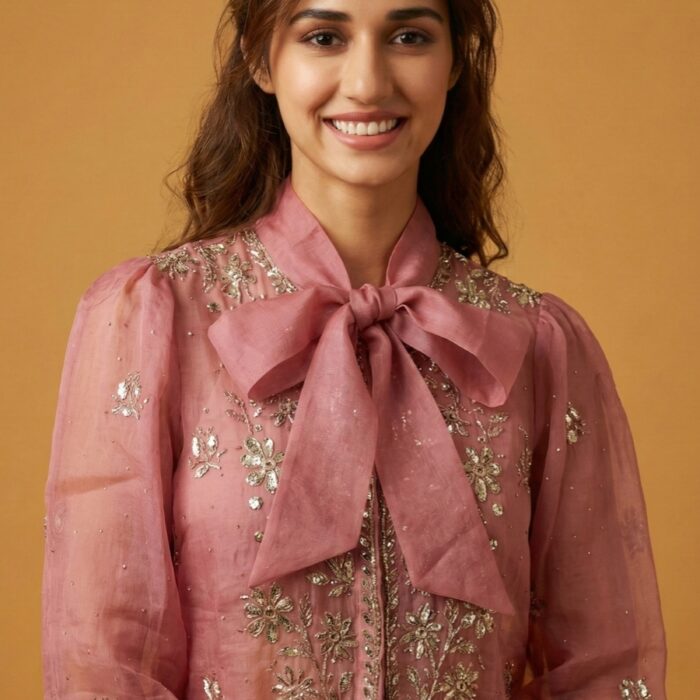 Mukaish Badla Short Top With Bow Tie