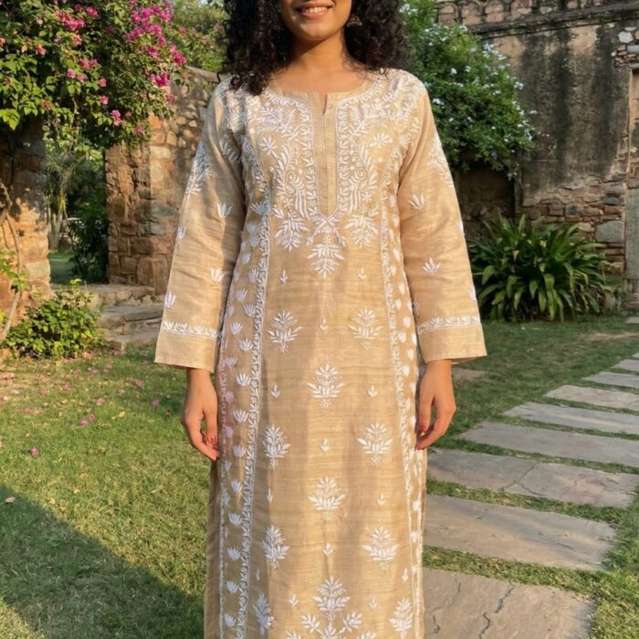 Tussar Silk Hand Embroidered Chikankari Kurti