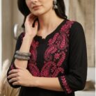 Black Rayon Kurta Pant Set with Pink Embroidery for Women (1)