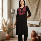 Black Rayon Kurta Pant Set with Pink Embroidery for Women (2)