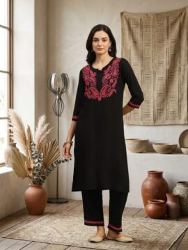Rayon Embroidered Long Chikankari Set