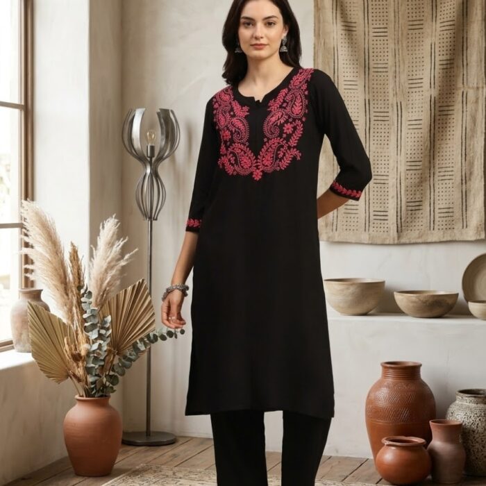 Black Rayon Kurta Pant Set with Pink Embroidery for Women (2)