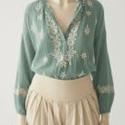 Close-up of Ghaas Patti embroidery on viscose Chikankari shirt kurti