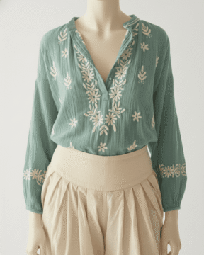Close-up of Ghaas Patti embroidery on viscose Chikankari shirt kurti