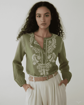 Olive green viscose Ghaas Patti Chikankari shirt kurti wholesale front view