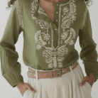 Close-up of Ghaas Patti embroidery on olive green viscose Chikankari shirt kurti