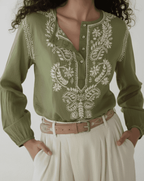 Close-up of Ghaas Patti embroidery on olive green viscose Chikankari shirt kurti