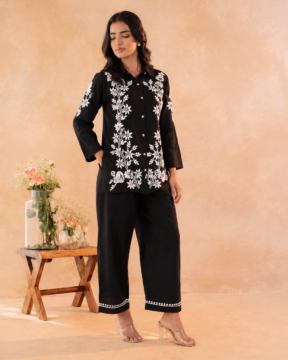 Black cotton Ghaas Patti Chikankari co-ord set wholesale
