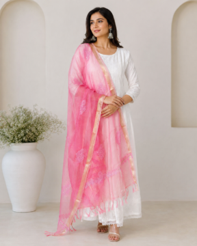 Pink Organza Ghaas Patti Chikankari Dupatta