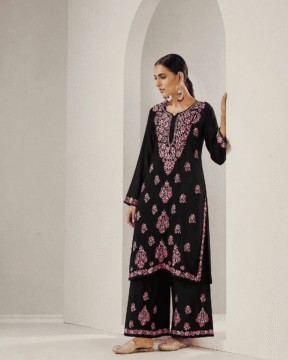 Pink Rayon Ghaas Patti Chikankari Kurti Palazzo Set
