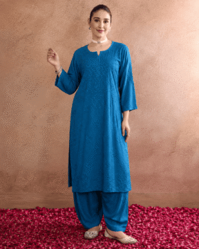 Blue rayon Ghaas Patti Chikankari kurti palazzo set wholesale CW-00022