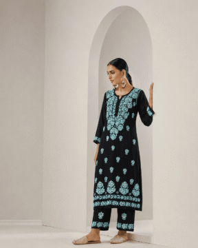 Blue Rayon Ghaas Patti Chikankari Kurti Palazzo Set