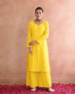 Yellow rayon Ghaas Patti Chikankari kurti palazzo set wholesale CW-00021