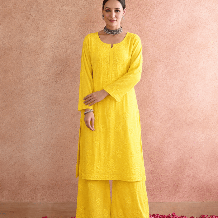 Yellow rayon Ghaas Patti Chikankari kurti palazzo set wholesale CW-00021